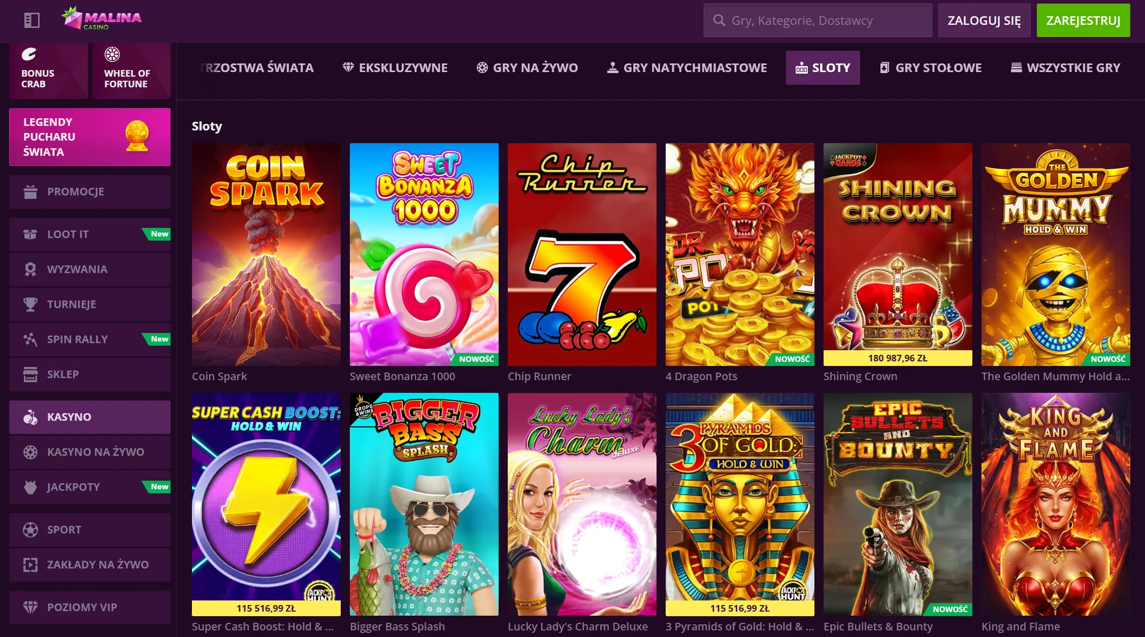 Gry i sloty w Malina online casino w Malina Casino